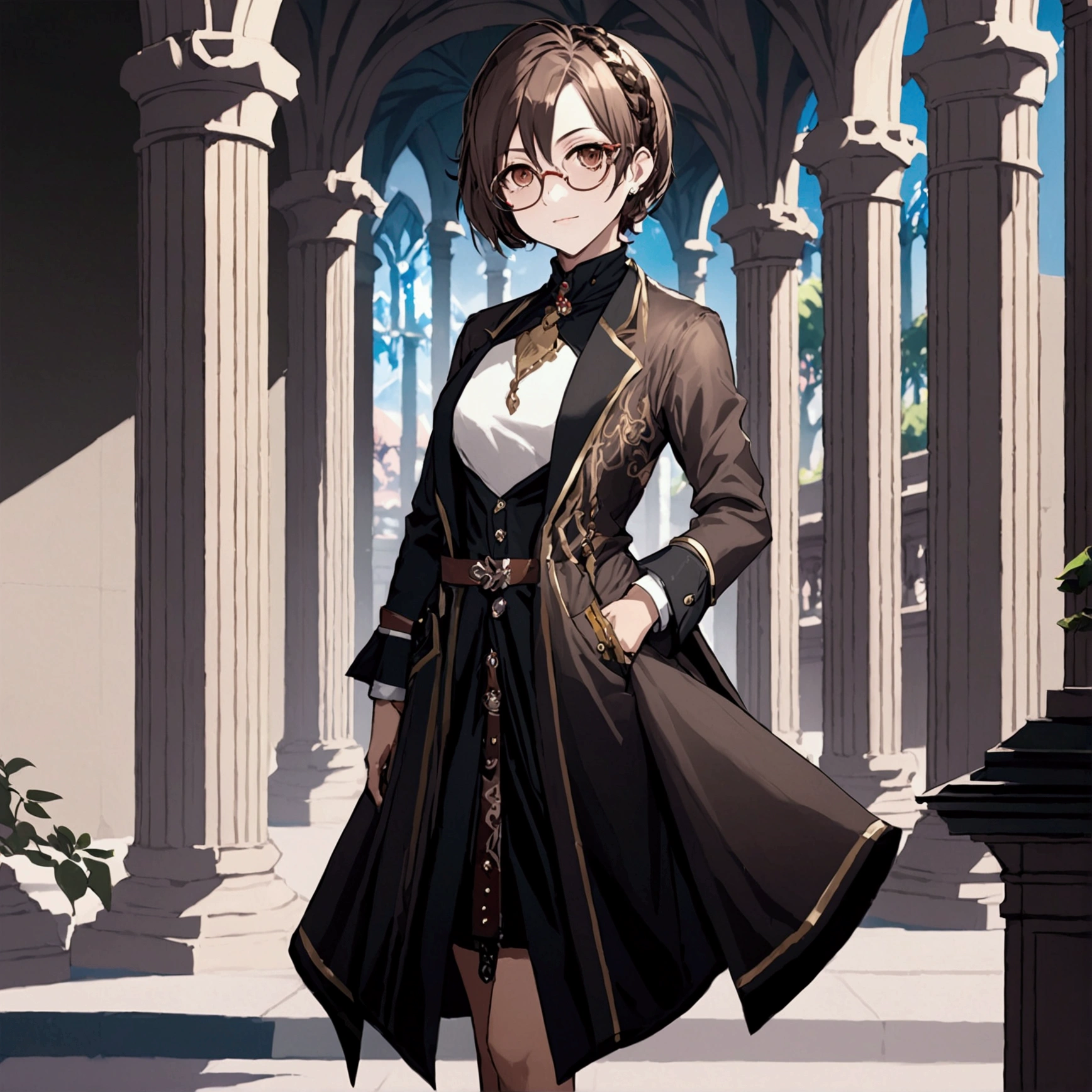 masterpiece, best quality, good quality, Highly detailed, shadowverse style, female, brown hair, brown eyes, short hair, tidy hair, modern aesthetic, full body art , painted toe nail, glasses, ager
