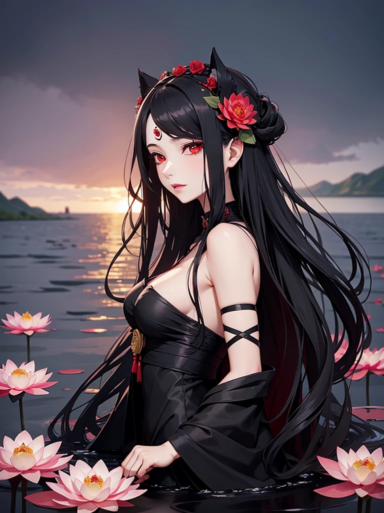woman, red eyes, black long wavy hair, noble, wearing flower on her head. she is vampire. background in on the edge of the lotus lake. wearing flower decorations on the sides of her hair. on the edge of the lotus flower lake. she is on the edge of the lake