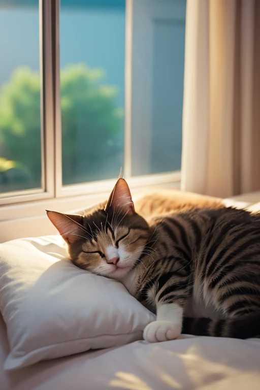 Cat Sleeping on the bed at night Pixar style illustration