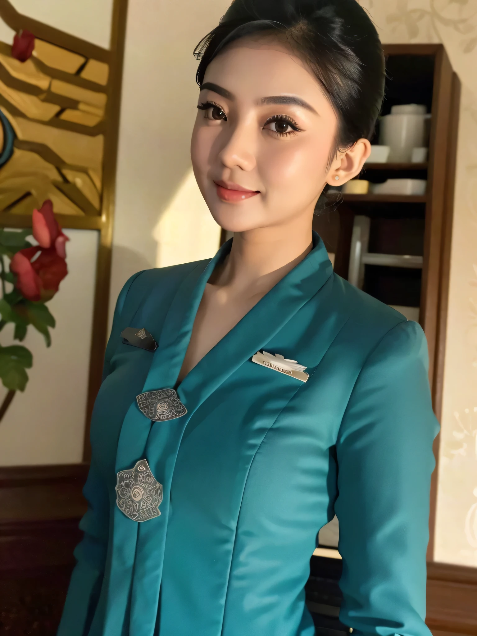 Indoor airlanes,black hair, indonesian,wearing garudaindonesia uniform,white skin,large breast, (masterpiece:1.4),((sfw)),busty,big breasts