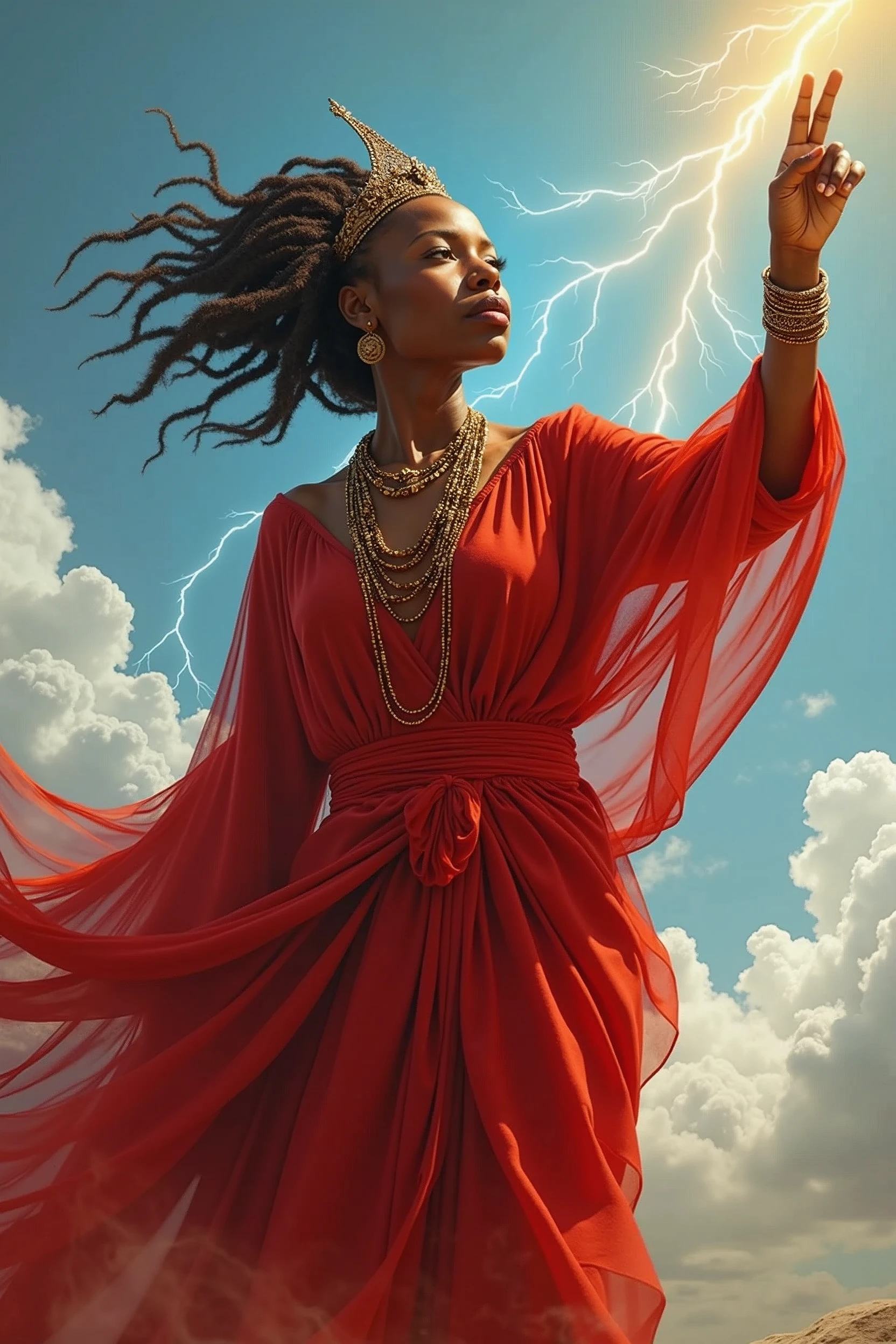 African queen dressed completely in passionate red, holding a lightning bolt in his hand, and the other pointing to the sky, a windy afternoon