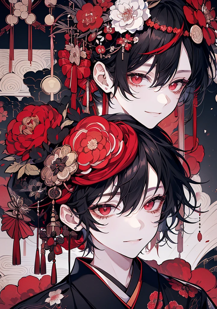 (The pieces fly), (Highest quality), Very detailed, 1 boy, Focus Only，Perfect Face, Beautiful Face, Very detailedな顔，(Black Hair:1.3)，(Red eyes:1.3)，Light，smile，new year，(kimono:1.4)，shrine