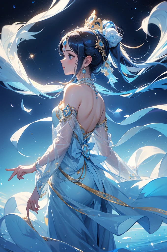 Create a profile picture of Shree Krishna floating gracefully, surrounded by a luminous blue aura that radiates serenity and divine energy. The background should be a deep, celestial blue, adorned with subtle, sparkling stars to evoke a sense of heavenly tranquility.