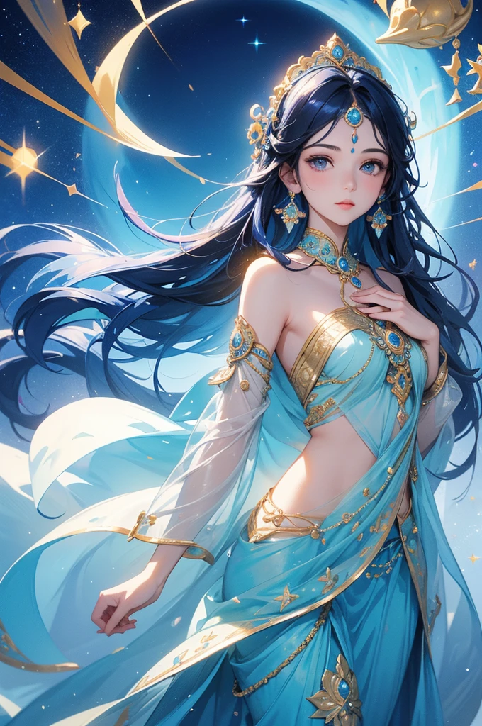 Create a profile picture of Shree Krishna floating gracefully, surrounded by a luminous blue aura that radiates serenity and divine energy. The background should be a deep, celestial blue, adorned with subtle, sparkling stars to evoke a sense of heavenly tranquility.