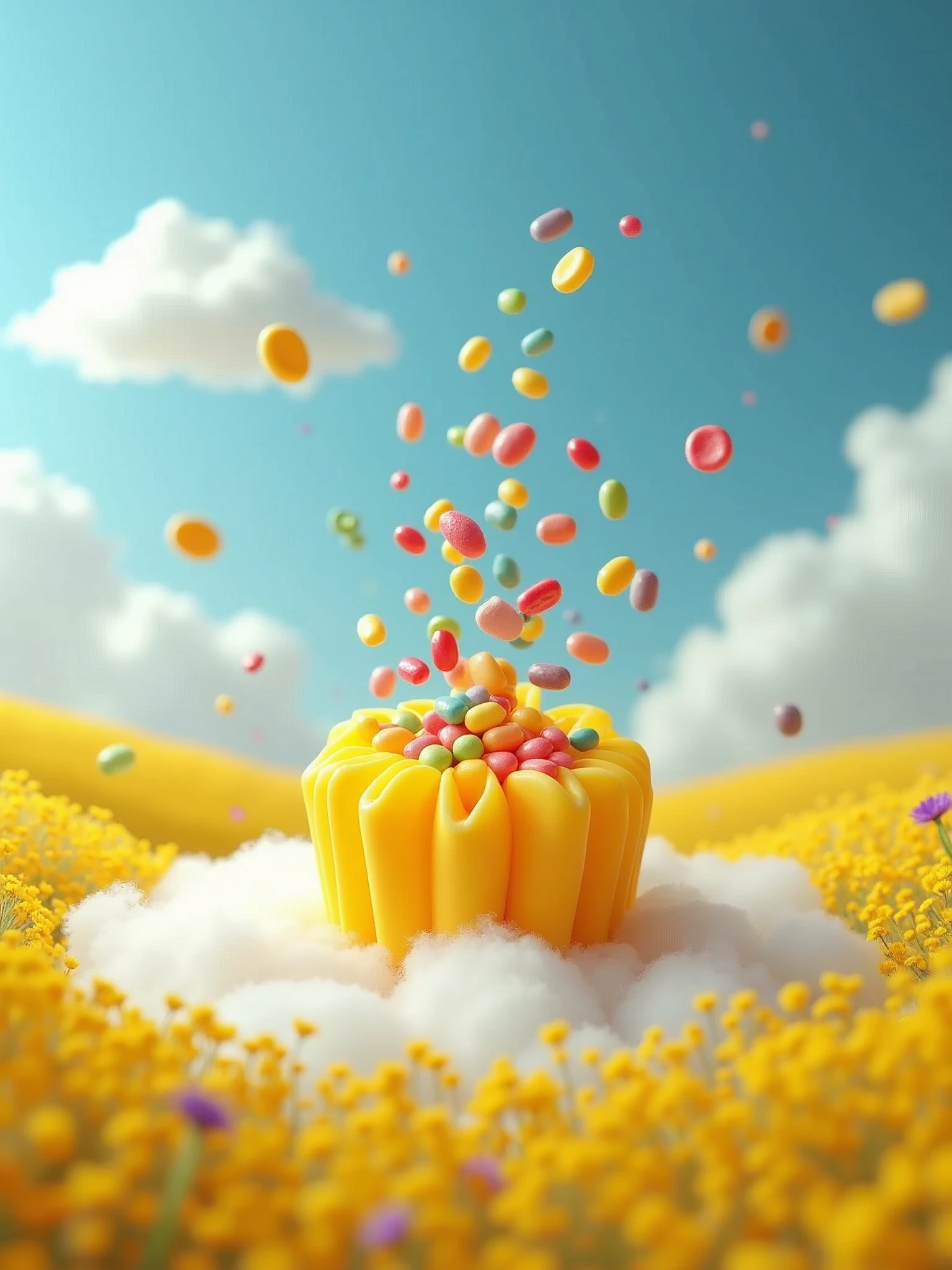 I am a product photographer. The scene I captured is a field of yellow flowers with a blue sky. White clouds are scattered on the ground, and a yellow flower-shaped cake is placed on the clouds. In the center of the cake, various colored candy beans fly out, giving a futuristic sense. It is a beautiful and aesthetic product advertisement.
