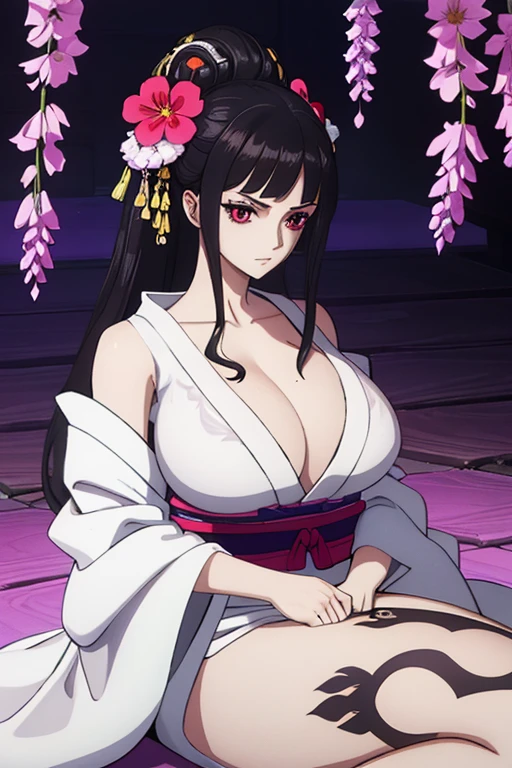 A tall busty and curvaceous voluptuous lady, Her hair is styled in a long layered cut, with her hair color being white with a black hue on the end of the tips, Wearing a white kimono robe , designed with a open cleavage, with lavender wisteria designs in the end of the kimono fabric. Her eyes are shaped in half-lidded form with her dead dark crimson eyes. Her expression is serious and dark. With Her body having a large amount of tribal flower tattoos on her left leg , lower abdomen and right arm.