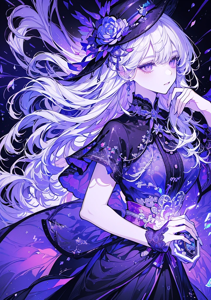 ((Highest quality)), ((masterpiece)), ((Ultra-detailed)), (Very delicate and beautiful), With a girl,Purple eyes、The hair is long and white、 Magical atmosphere,Mysterious Shadow,Fascinating views,Dynamic pose,Dramatic perspective, Intricate details, Vibrant colors, Fascinating composition, Captivating artwork.Dressed as a fortune teller、Wearing a black hat,Holding tarot cards、Shining silver hair,