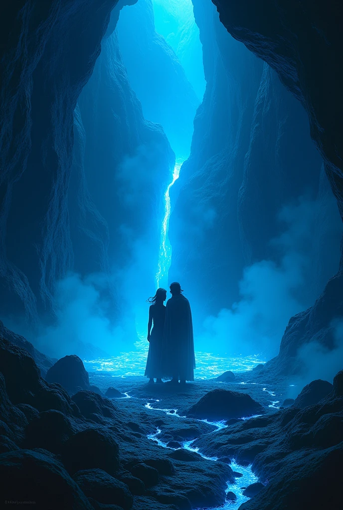 person sacrificing other person in a blue lava volcano, sacrifice, blue lava, volcano
