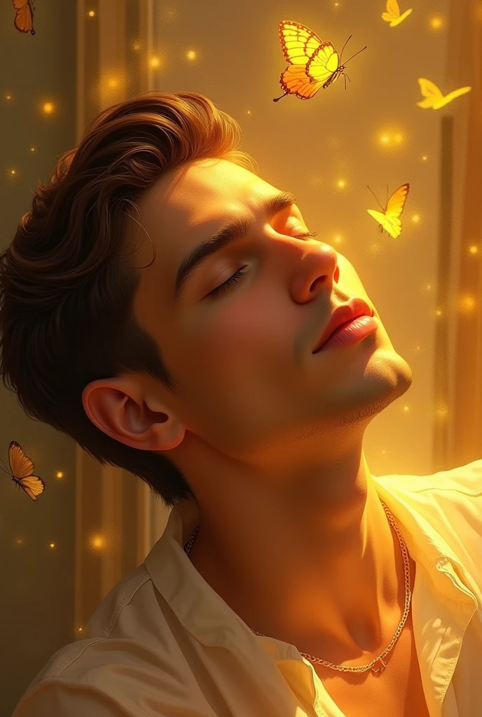 Portrait of a handsome guy glowing in yellow light eyes closed, face tilted upwards and butterflies 