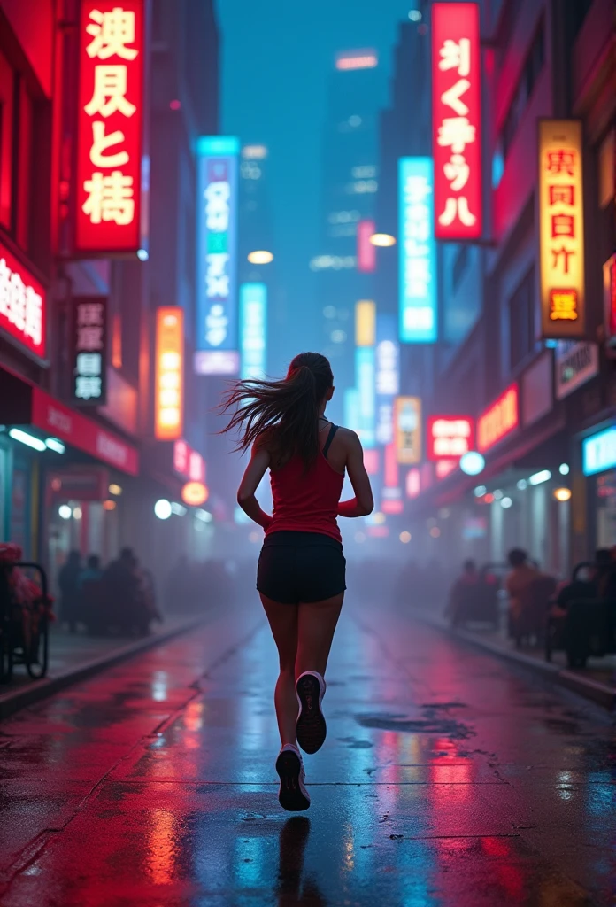 "A vibrant, futuristic cityscape viewed from behind a young woman running down a narrow, neon-lit alleyway. The streets are wet and reflective, amplifying the glow of the surrounding tall buildings, which are covered with bright red and blue neon signs written in a futuristic script. The atmosphere is thick with a soft, glowing mist, which diffuses the light and creates a surreal, almost dreamlike quality. The woman is wearing casual running gear, and her hair flows behind her as she moves swiftly through the city. The scene is illuminated by the warm, intense light of the neon signs, contrasting with the cool, dark tones of the city in the background. The overall mood is energetic, cinematic, and slightly dystopian, capturing the fast-paced, electric energy of the futuristic urban environment."