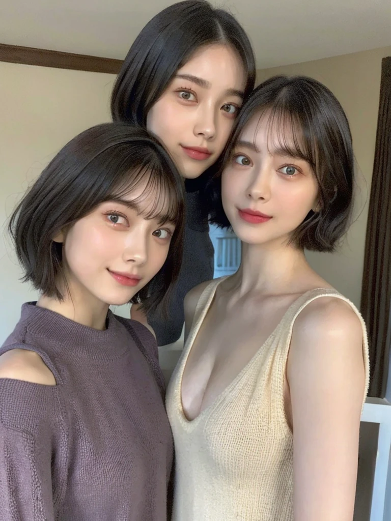 (masterpiece:1.3), (8k, Photoreal, Raw photo, best image quality: 1.4), Japanese high school girl、(random hairstyle:1.2)、cleavage:1.5、super detail face、eye for details、double eyelid、chest to chest、sharp focus:1.2、Beautiful woman:1.4、light brown hair、highest quality、masterpiece、超A high resolution、(Photoreal:1.4)、Highly detailed and professionally lit smiles、loose and light knitwear、shoulder out、thin、serious expression、short haired、deadly position
similar identical twins
All the girls have the exact same face, The two have the same face and figure, as if they were mirror images.