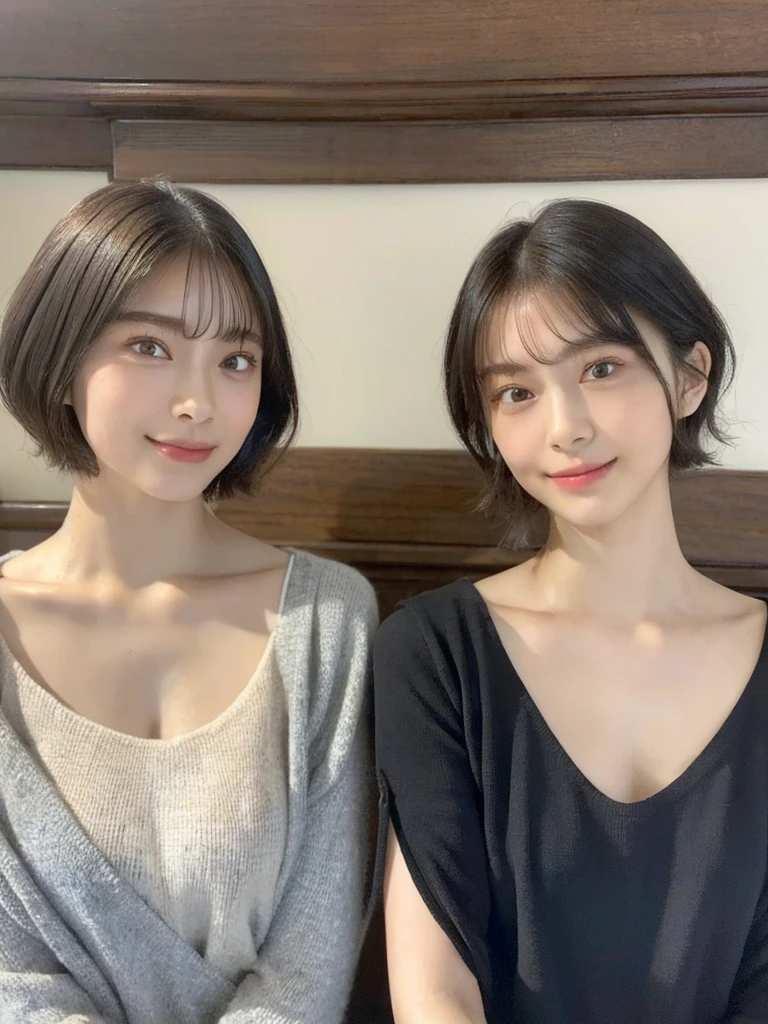 (masterpiece:1.3), (8k, Photoreal, Raw photo, best image quality: 1.4), Japanese high school girl、(random hairstyle:1.2)、cleavage:1.5、super detail face、eye for details、double eyelid、chest to chest、sharp focus:1.2、Beautiful woman:1.4、light brown hair、highest quality、masterpiece、超A high resolution、(Photoreal:1.4)、Highly detailed and professionally lit smiles、loose and light knitwear、shoulder out、thin、serious expression、short haired、deadly position
similar identical twins
All the girls have the exact same face, The two have the same face and figure, as if they were mirror images.