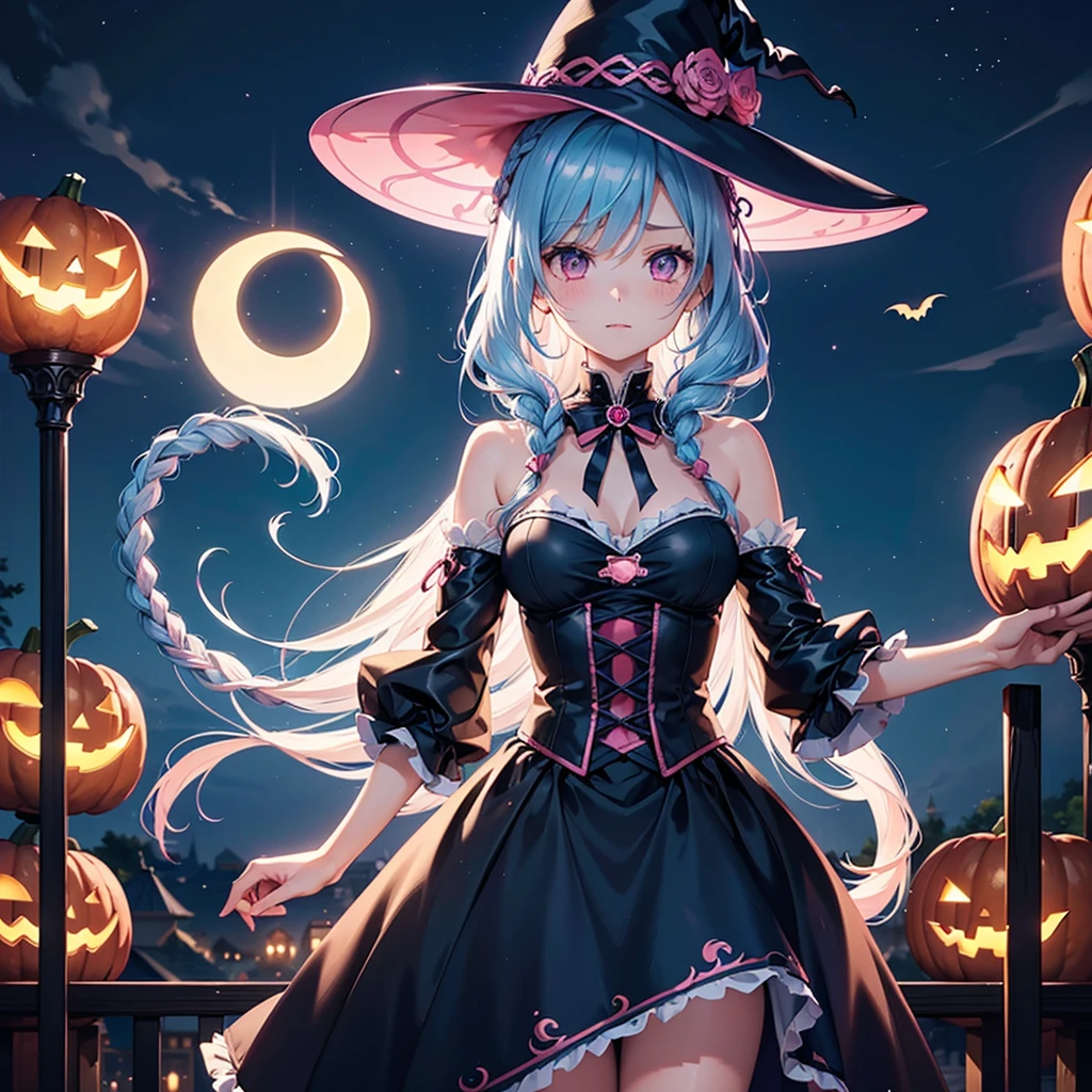 (Sky Blue Hair),(Braided medium hair:1.2), (Pink Eyes),Fair skin) ,(whole body),(One Girl),(Crescent Moon),(There are many pumpkin ghosts in the background),(If you don't give me sweets, I'll be mischievous.),Halloween Night Party),(masterpiece, Highest quality, Very detailed, Best Shadow), (Detailed Background), (Beautifully detailed face), High Contrast, (Best lighting, Very delicate and beautiful), ((Cinematic Light)), Hyper Detail,8k, Dramatic Light, Intricate details,Cute witch clothes,night,Bats flying in the background,