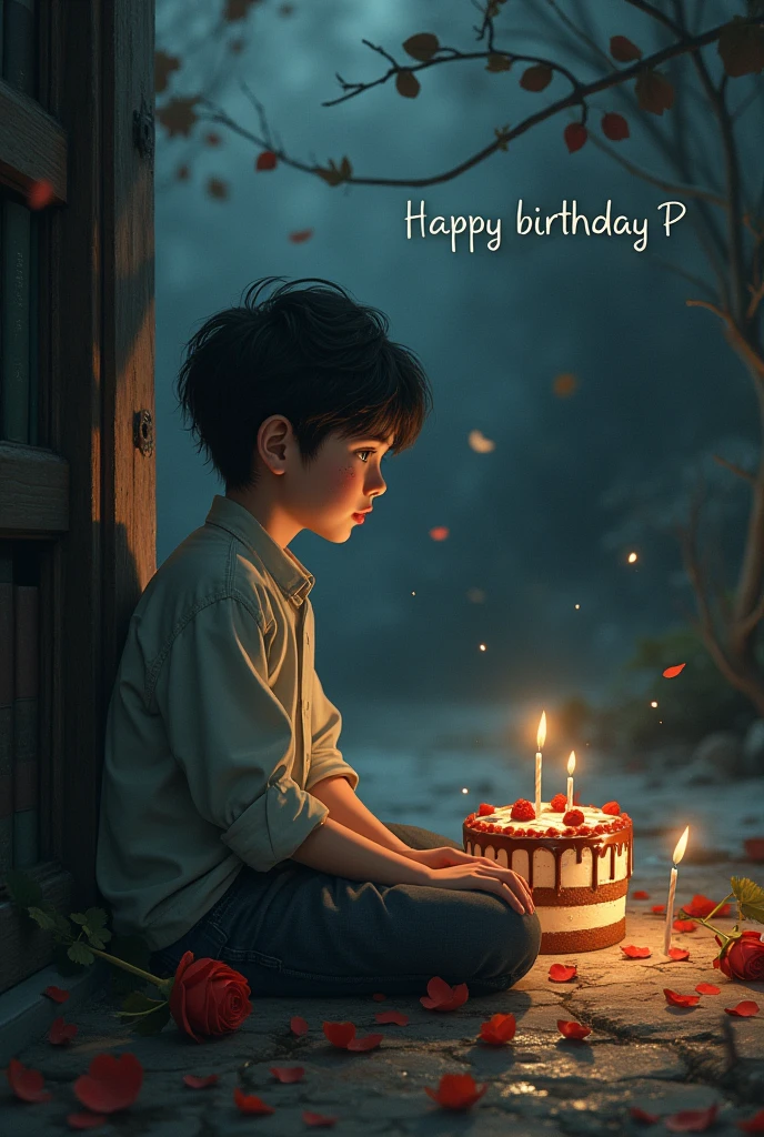A girl whom I loved a lot but is no longer in my life, the effect of memories, a sad background, some shining books, a boy sitting sadly, remembering the girl, an atmosphere of birthday wishes, The cake is placed beside it, along with flowers and a rose, There should be text written Happy birthday P in the background