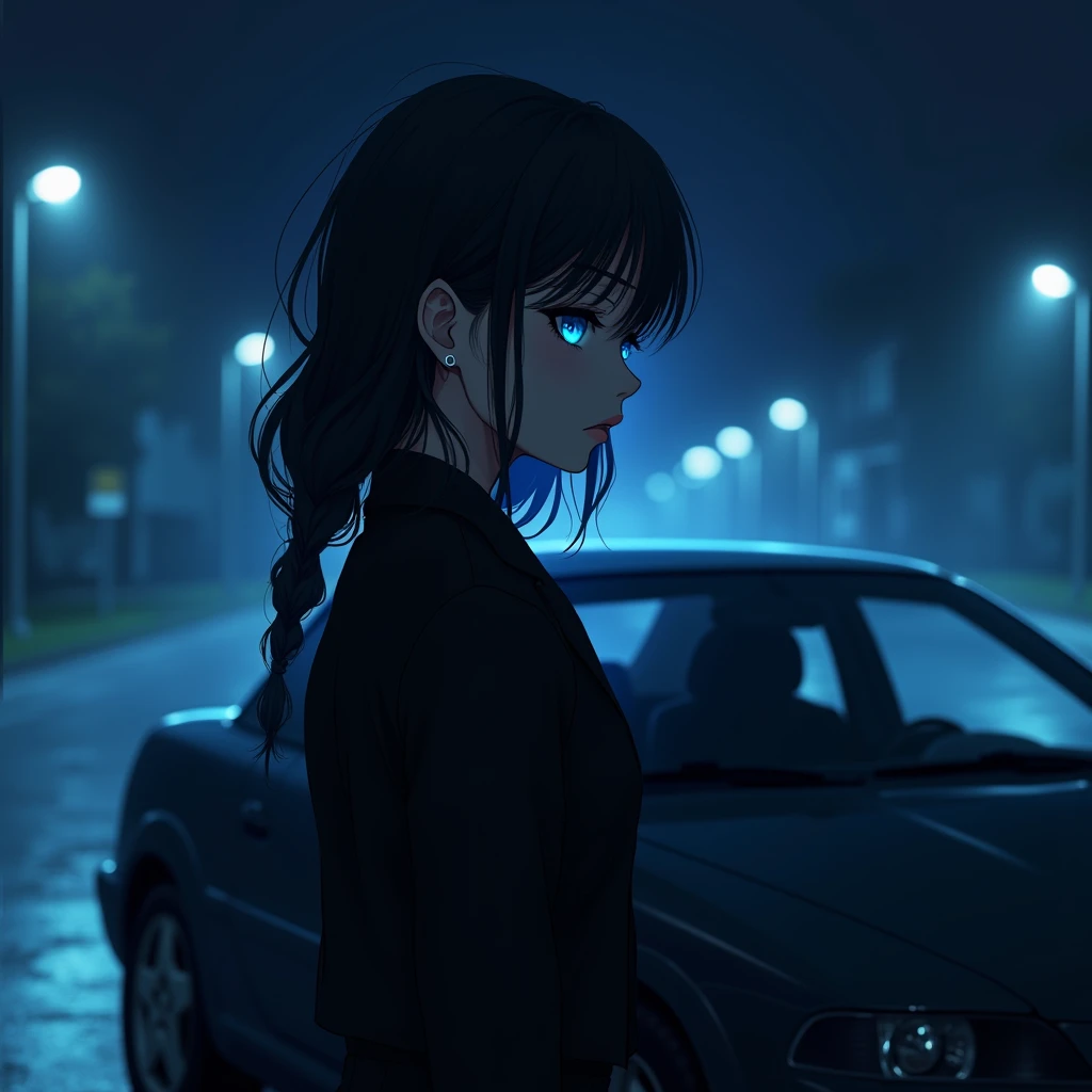 A anime girl standing beside her car and smoking ... She is wearing a classy black clothes clothes in night ... Her face is in blue neon lights... She is wearing dark makeup... Her ears is pierced with piercings ... She is in her side profile thinking about something ... Her eyes is glimmering in dark