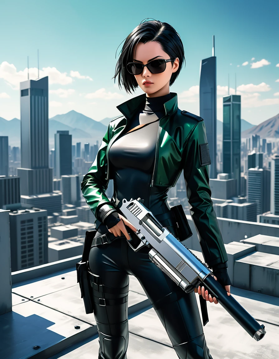 Anime illustration, character Trinity of ((The Matrix movie)) holding a chrome stainless Airsoft Desert Eagle .50 to the viewer on the roof of a skycraper plataform, stunning woman, black shades, short shaved straight haircut, cute face, serious look, surrealistic anime art style, high contrast, dynamic composition, hyperrealism, vibrant colors, sharp focus, deep shadows, studio lighting, wideangle lens, digital camera, high resolution, detailed textures, high detail, smooth lines, sharp edges, intricate details, natural look,8k
