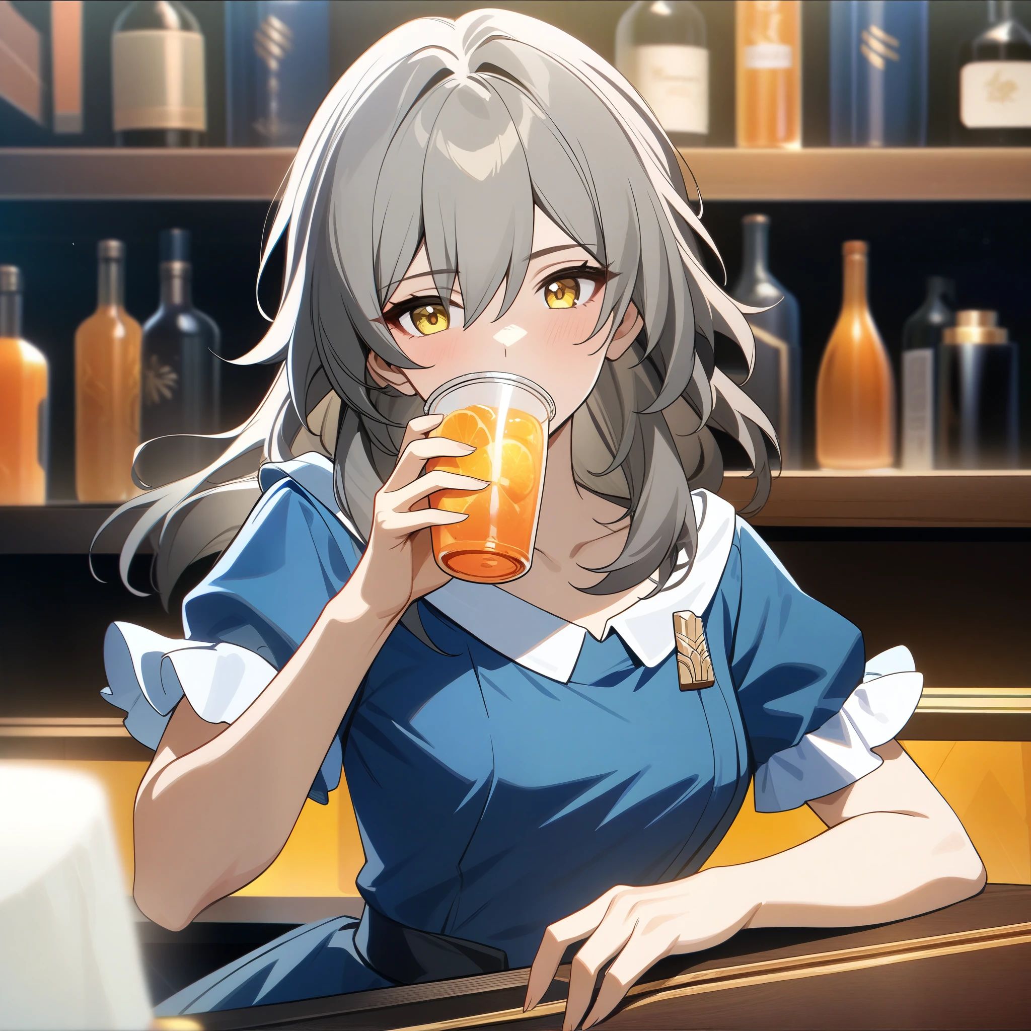 stelle from honkai star rail, stelle, stylish pose, examining drink, looking at drink, orange drink, anatomically correct 1girl, grey hair, golden eyes, beautiful face, rich blue blue dress, frills, bar background, decorative, masterpiece, high quality, hd, 4k, upper body, genshin artstyle, 