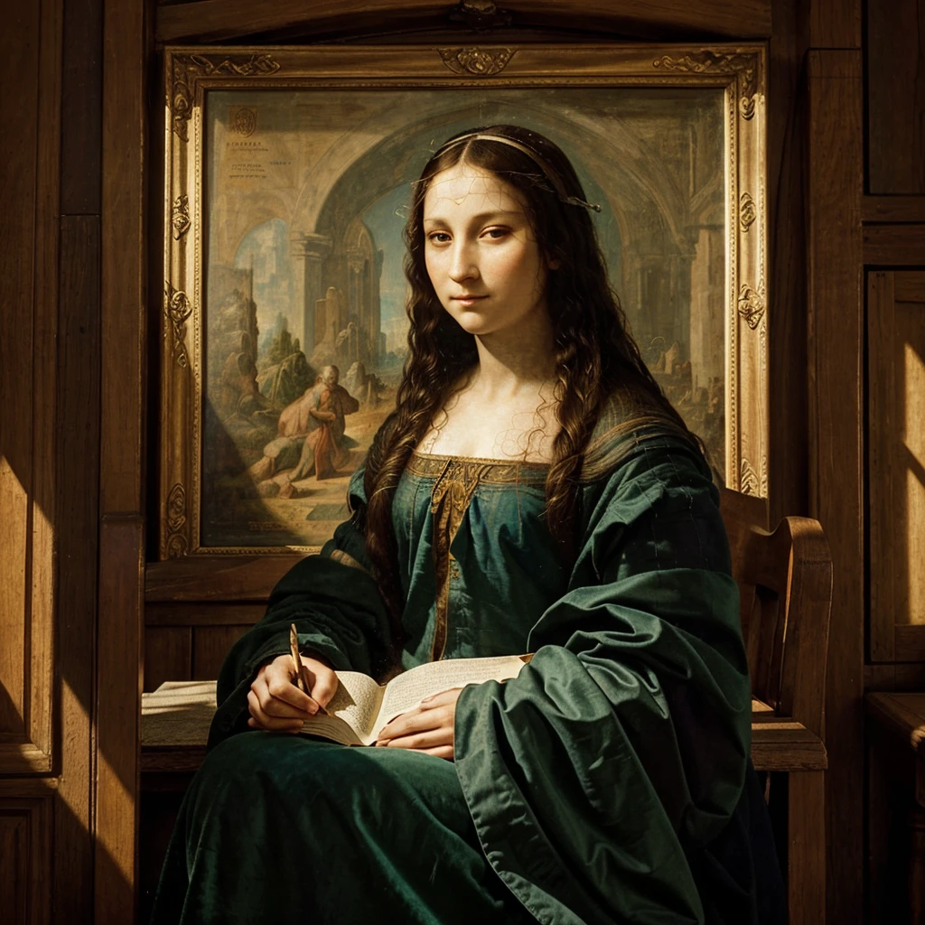 Draw Mona Lisa by painting a picture with Leonardo Da Vinci's portrait. Here is a step by step guide for you:
1. **studio setup:**
- Start by drawing the Renaissance studio, a large space with arched windows. Be sure to add rich tapestries to the walls and bookshelves filled with books and scrolls..
- Sunlight should penetrate gently through the windows, creating an ethereal effect in the scene.
2. **Gioconda:**
- In the center of the scene, draw Gioconda standing in front of a large painting canvas. She must have dark hair falling softly over her shoulders..
- Dress her in a deep green velvet dress, decorated with golden details. The paint palette next to you should have vibrant, subtle colors..
- Capture your expression of concentration and serenity, with his eyes fixed on the portrait he is creating.
3. **Leonardo da Vinci:**
- Draw Leonardo da Vinci sitting in a tall carved wooden chair. He must have a long white beard and an expression of wisdom and tranquility..
- Position him so that he observes Gioconda's work with a contemplative gaze, reflecting pride and patience.
4. **Portrait Details:**
- In the background of the Gioconda painting, show the essence of Leonardo: the details of your eyes, beard and the lines that mark the time lived.
5. **light and shadow balance:**
- Make sure to balance light and shadow to create an atmosphere of respect and collaboration.. Light should highlight important details and create a quiet, reverent environment..