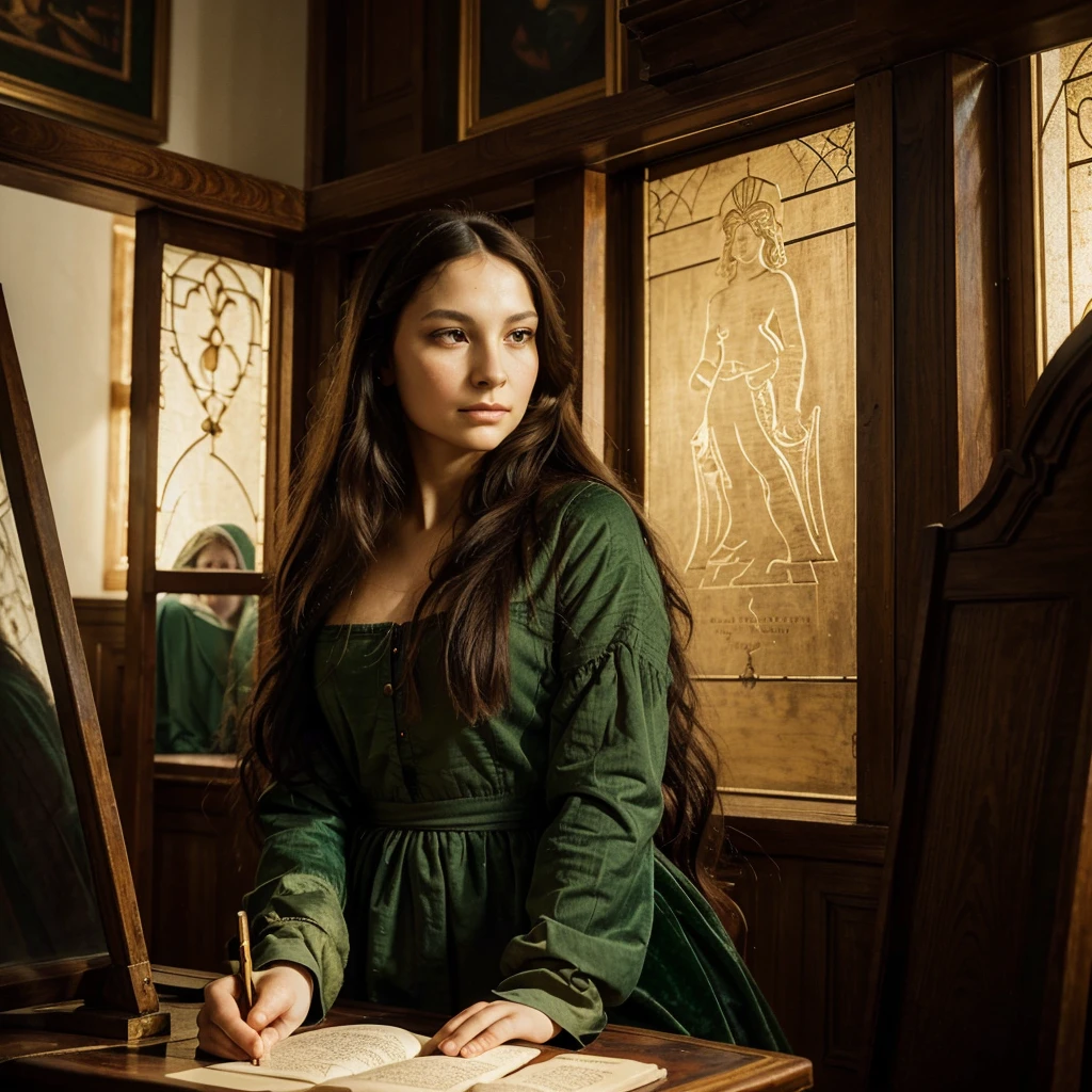 Draw Mona Lisa by painting a picture with Leonardo Da Vinci's portrait. Here is a step by step guide for you:
1. **studio setup:**
- Start by drawing the Renaissance studio, a large space with arched windows. Be sure to add rich tapestries to the walls and bookshelves filled with books and scrolls..
- Sunlight should penetrate gently through the windows, creating an ethereal effect in the scene.
2. **Gioconda:**
- In the center of the scene, draw Gioconda standing in front of a large painting canvas. She must have dark hair falling softly over her shoulders..
- Dress her in a deep green velvet dress, decorated with golden details. The paint palette next to you should have vibrant, subtle colors..
- Capture your expression of concentration and serenity, with his eyes fixed on the portrait he is creating.
3. **Leonardo da Vinci:**
- Draw Leonardo da Vinci sitting in a tall carved wooden chair. He must have a long white beard and an expression of wisdom and tranquility..
- Position him so that he observes Gioconda's work with a contemplative gaze, reflecting pride and patience.
4. **Portrait Details:**
- In the background of the Gioconda painting, show the essence of Leonardo: the details of your eyes, beard and the lines that mark the time lived.
5. **light and shadow balance:**
- Make sure to balance light and shadow to create an atmosphere of respect and collaboration.. Light should highlight important details and create a quiet, reverent environment..