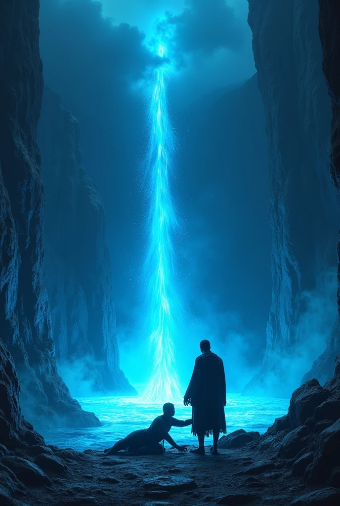 person sacrificing other person in a blue lava volcano, sacrifice, blue lava, volcano