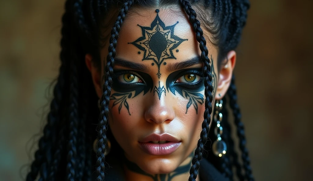 a pose of a beautiful woman with tattoos on her face and body, beautiful female android, tattooed face, dark elf, skin black, intricate braided hair, portrait in matte painting, photo by full body, glare eyes, she is dressed in shaman clothes, heavy make-up, pintura tribal, Celta, fractalpunk, cryptopunk, (attractive young man: 1,3) , (seducer:1,1), detalhamento, a lot of femininity, enticing, dazzling, cinematic lighting, dramatic lighting, warm color tones, dramatic colors, (best qualityer, 4K, 8k, high resolution, Masterpiece artwork: 1.2), (realisitic, foto realisitic 1,37), HDR, 16:9.