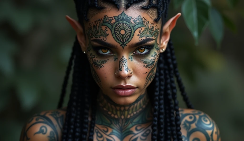 a pose of a beautiful woman with tattoos on her face and body, beautiful female android, tattooed face, dark elf, skin black, intricate braided hair, portrait in matte painting, photo by full body, glare eyes, she is dressed in shaman clothes, heavy make-up, pintura tribal, Celta, fractalpunk, cryptopunk, (attractive young man: 1,3) , (seducer:1,1), detalhamento, a lot of femininity, enticing, dazzling, cinematic lighting, dramatic lighting, warm color tones, dramatic colors, (best qualityer, 4K, 8k, high resolution, Masterpiece artwork: 1.2), (realisitic, foto realisitic 1,37), HDR, 16:9.