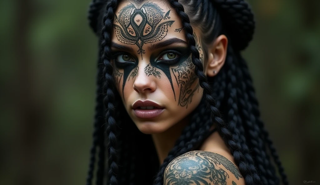 Portrait of a woman with slim body that defy gravity and a fierce gaze that demands attention. Her body is adorned with intricate tattoos, each one telling a story of her strength and resilience. UHD, best quality, 16k, anatomically correct, textured skin, super detail