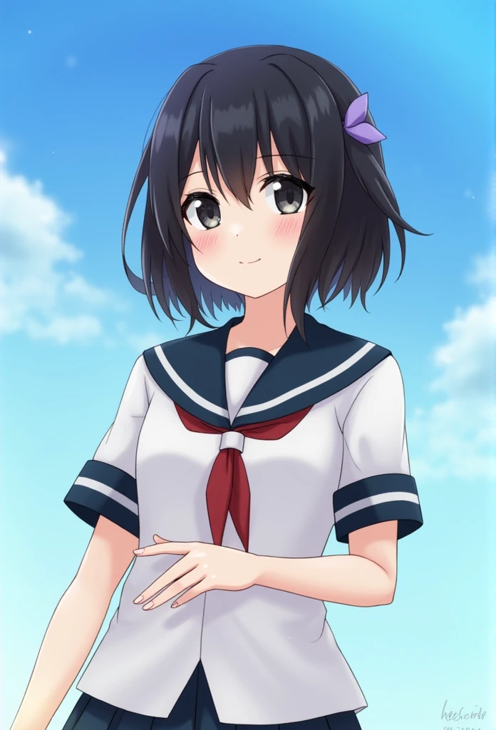 (best quality, masterpiece:1.2, cute:1.1), young,1girls, black hair, black eyes, (:1.1), (small breasts:1.3),,,focus on character,{{enlargement of face and eyes}},,,bob cut,,put a ribbon on your hair,,Clear blue sky,,school uniform,upper body only