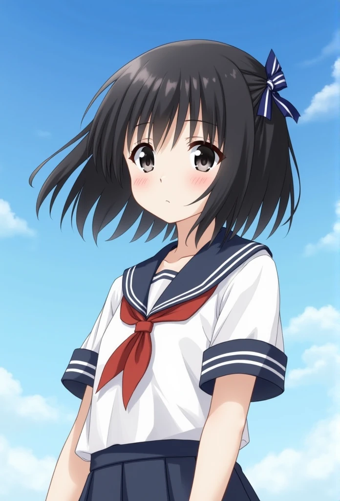 (best quality, masterpiece:1.2, cute:1.1), young,1girls, black hair, black eyes, (:1.1), (small breasts:1.3),,,focus on character,{{enlargement of face and eyes}},,,bob cut,,put a ribbon on your hair,,Clear blue sky,,school uniform,upper body only