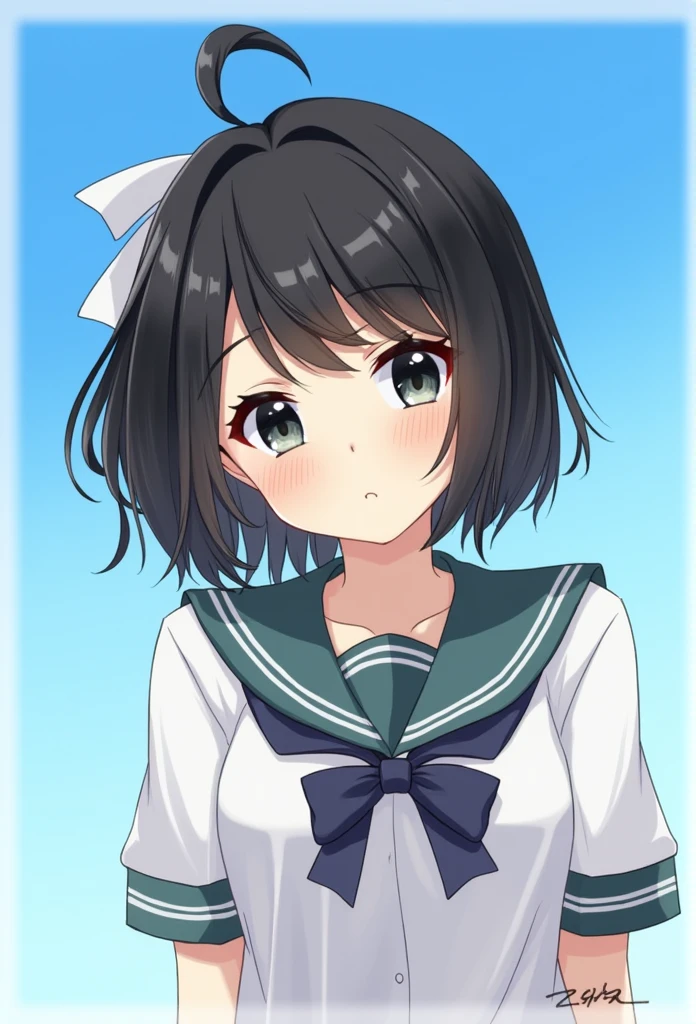 (best quality, masterpiece:1.2, cute:1.1), young,1girls, black hair, black eyes, (:1.1), (small breasts:1.3),,,focus on character,{{enlargement of face and eyes}},,,bob cut,,put a ribbon on your hair,,Clear blue sky,,school uniform,upper body only