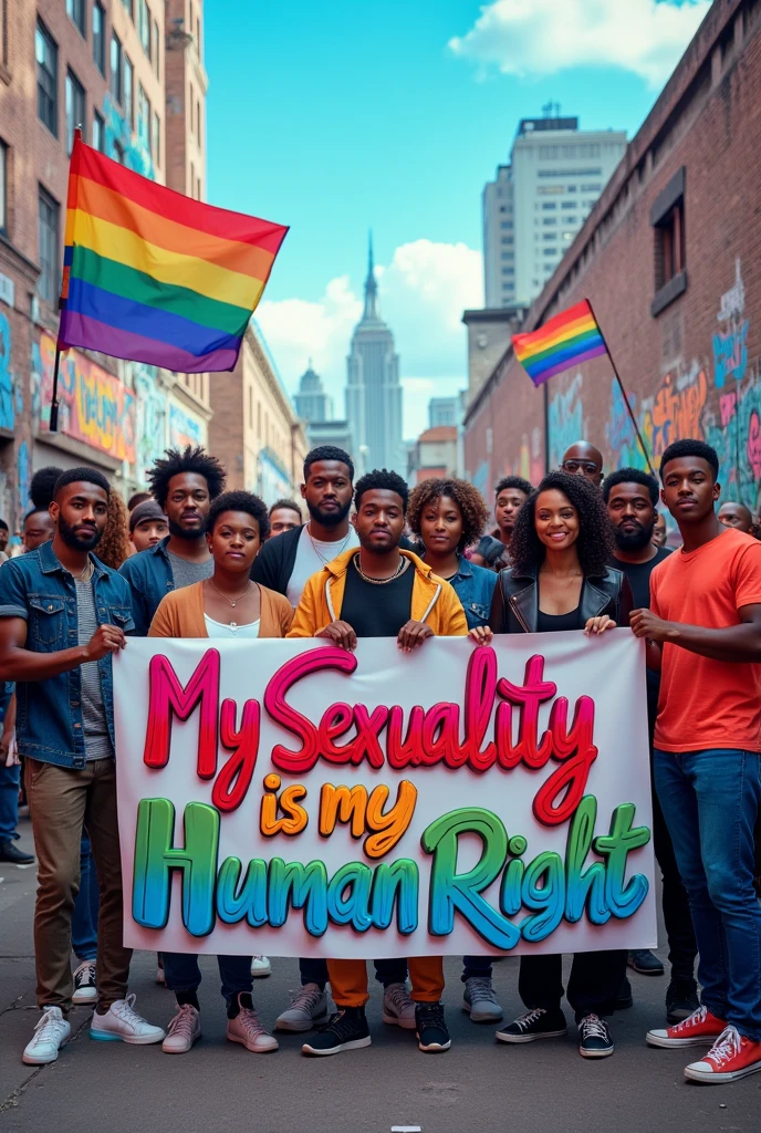 A powerful and striking image of a diverse group of men and women, both Black and white, standing together in solidarity facing the camera. The y are holding a vibrant, 3D cursive message on the protest banner reads "My Sexuality is my Human Right." Rainbow flags and transgender flags flutter in the background against a blue sky and city skyline, emphasizing the LGBTQ+ presence. The atmosphere is filled with pulsating energy, capturing the strength, love, and support that emanates from this inclusive and accepting gathering. The graffiti on the walls around them adds a layer of vibrant color and urban edge, further fueling the sense of unity and activism., vibrant, graffiti