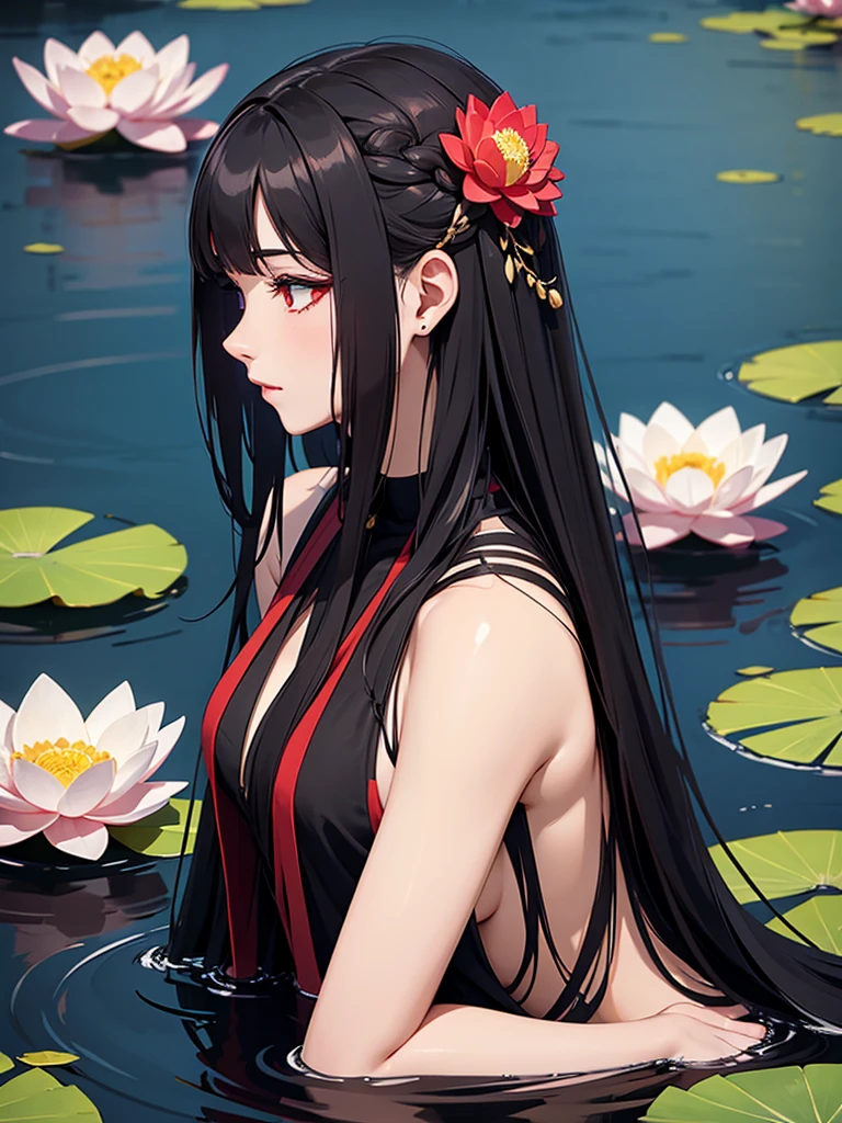 woman, red eyes, black long wavy hair, noble, wearing flower on her head. background in on the edge of the lotus lake. wearing flower decorations on the sides of her hair. on the edge of the lotus flower lake. she is on the edge of the lake