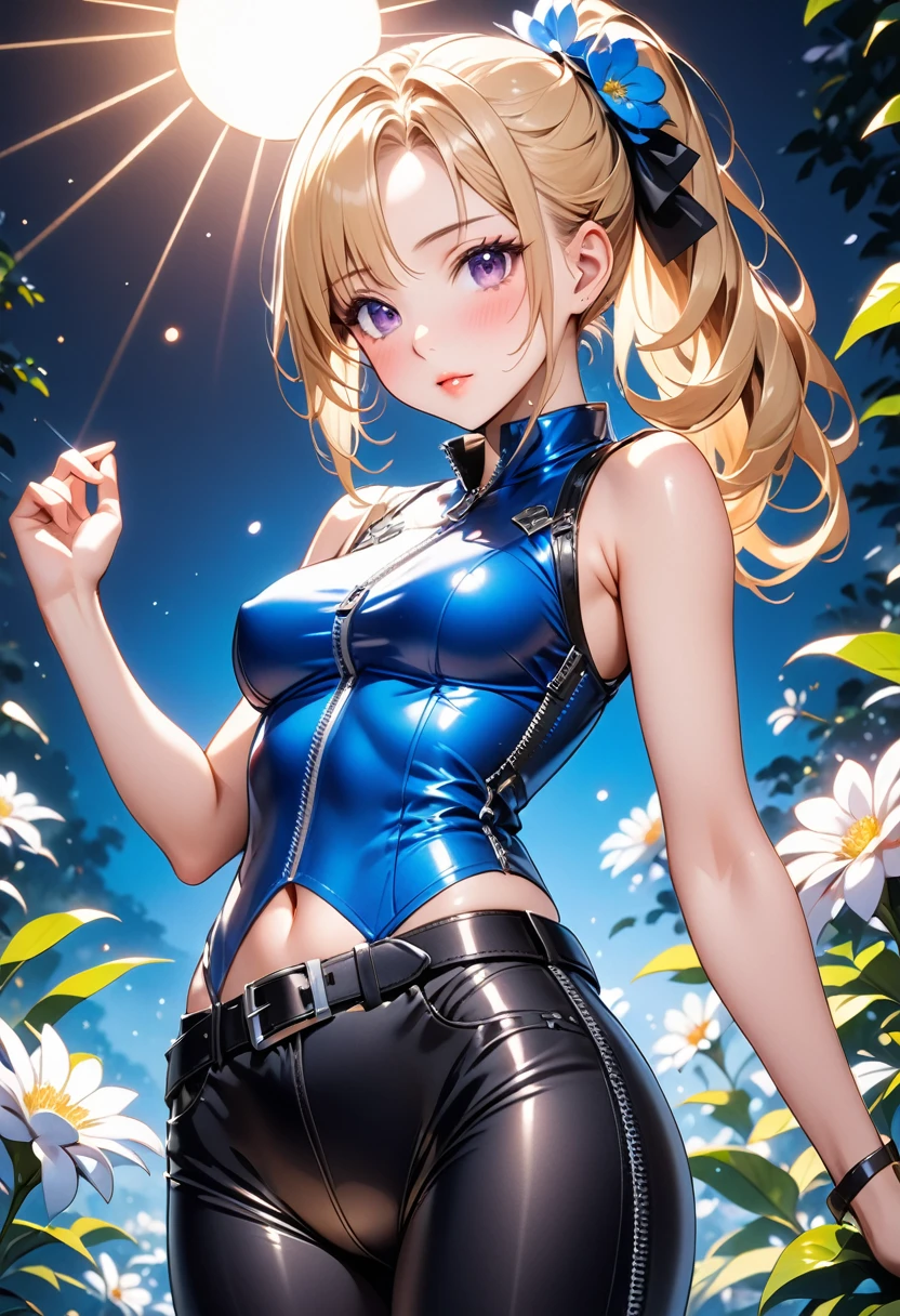 , One Girl, , (camel toe:0.7), (visible nipples:0.7), (Erect nipples,:0.7),, Purple eyes, Shining Eyes, , Lips parted, blush, night, flower, sun, sunlight, Blue and black leather pants, Silver zipper,Belt below the waist,Ultra-fine illustrations,blonde , Show your forehead, Silver Center Zipper, Leather Blue Black Bodysuit, Sleeveless Blue Black, Shiny, blonde ponytail, ai-generated,