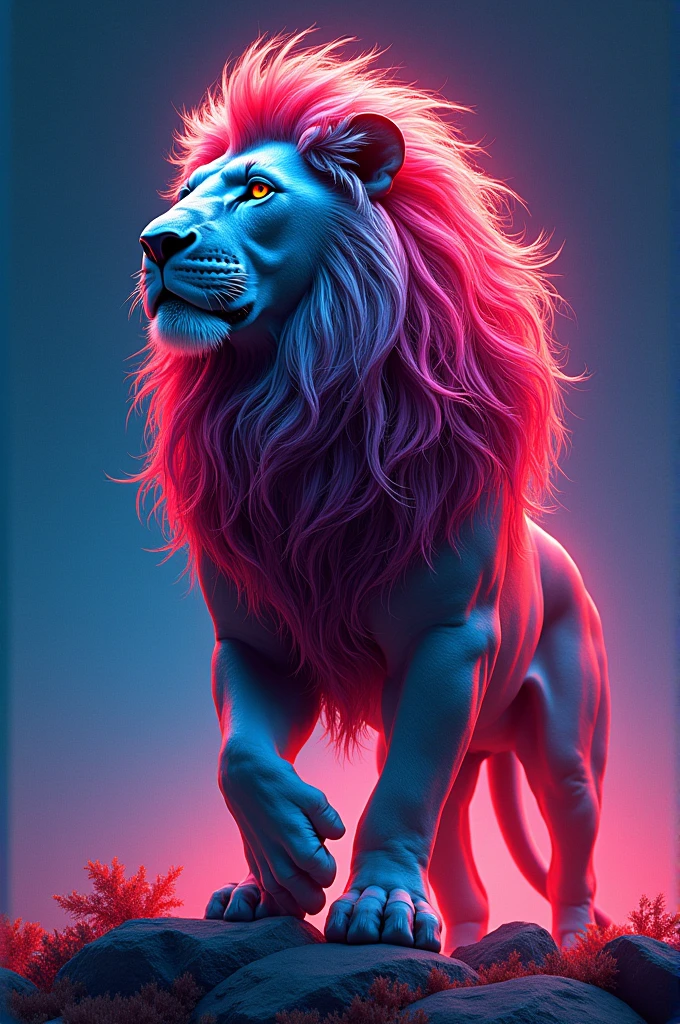 majestic lion with a flowing mane, in vibrant, neon colors, digital art, abstract style, intricate line details