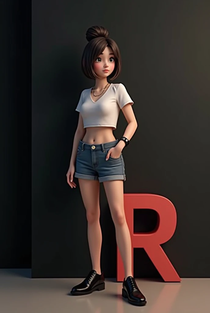 PROMPT :- realistic 16 year old cute stylish attitude girl standing with big real 3D “R” name letter side and face down. Girl wearing without cloth, black shoes, watch stylish hair, The background black wall should ensure that the name is not misspelled