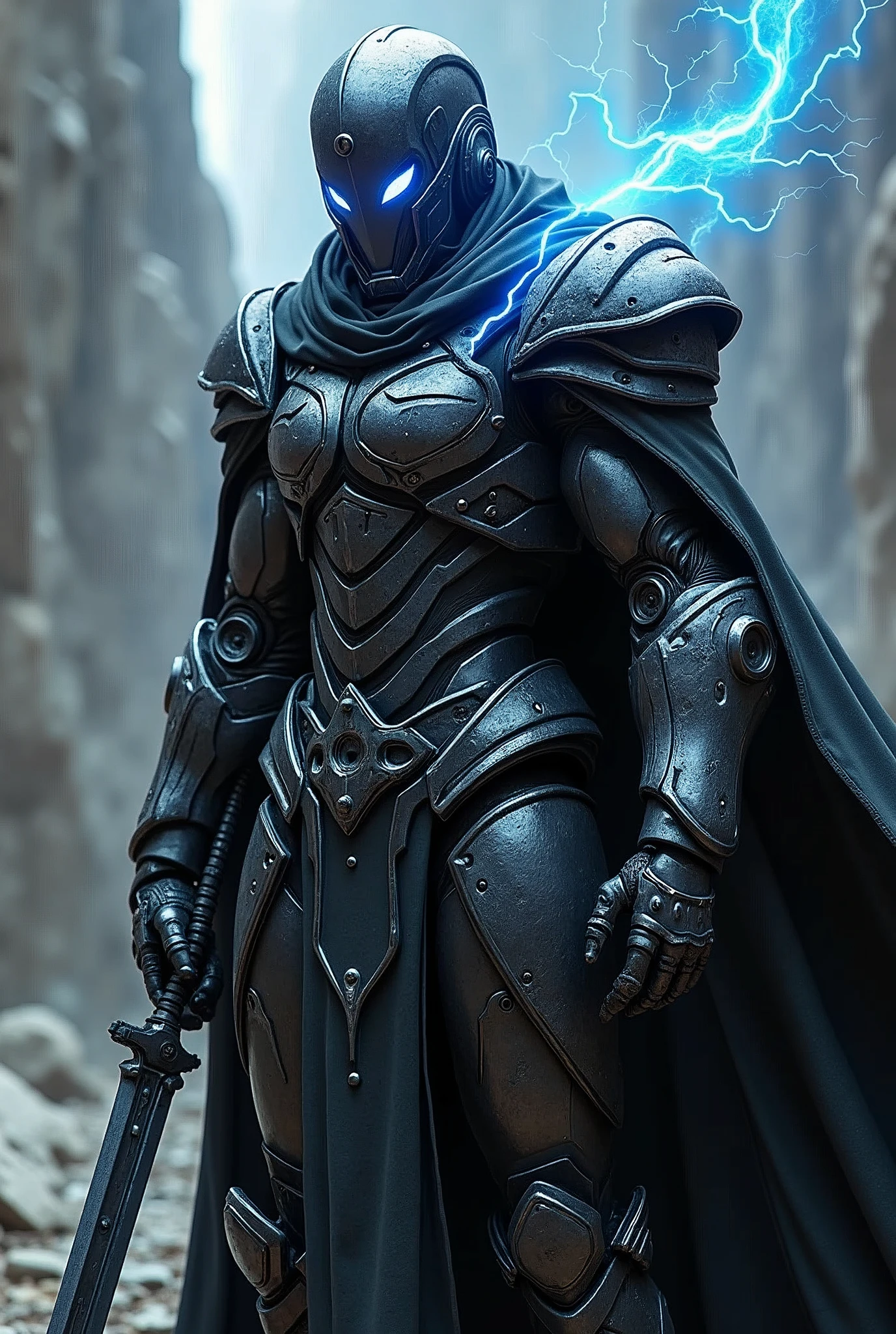 A cool robot conquering lands ghost hunter armor with powers of black type of strong metal which is very strong  and infused with thunder cool looking mask with infused power of thunder with cool cloak and cool sword very cool looking