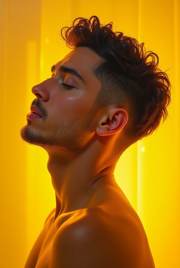 Portrait of a handsome guy glowing in yellow light eyes closed, face tilted upwards and
Acrylic painting