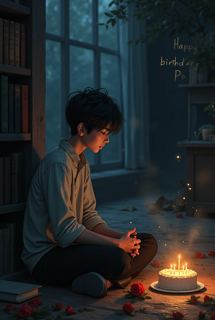 A girl whom I loved a lot but is no longer in my life, the effect of memories, a sad background, some shining books, a boy sitting sadly, remembering the girl, an atmosphere of birthday wishes, The cake is placed beside it, along with flowers and a rose, There should be text written Happy birthday P@ in the background