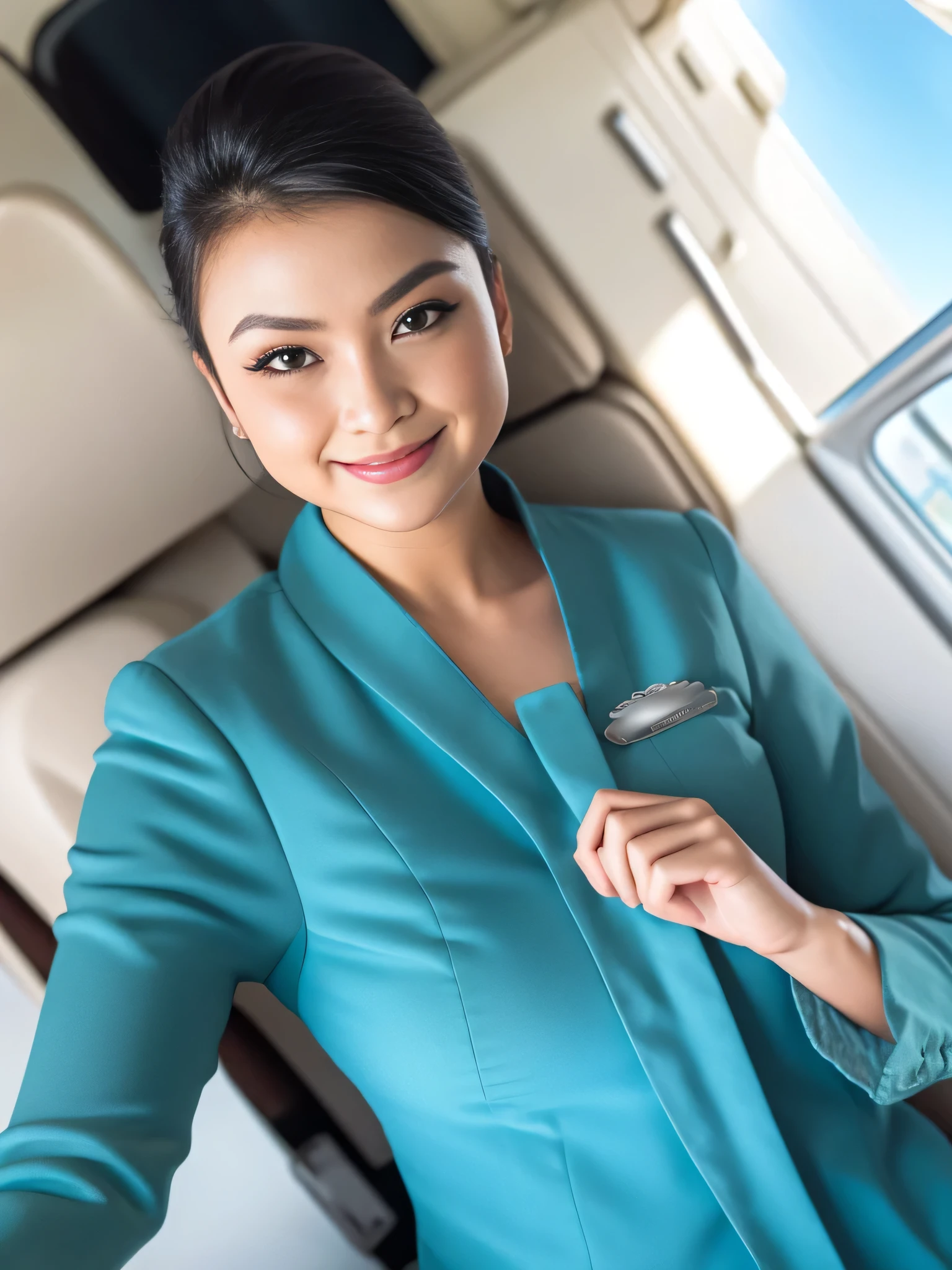 1girl, solo, 19 years old, in the middle of a large airport, seductive pose, thick medium breasts, semi-curvy body, smooth realistic skin, cute little smirk, wearing flight attendant uniform, looking at the audience, (overhead shot:1.3), (zoom-out:1.4), (8k, RAW photo, best quality, masterpiece: 1.4), (realistic, realistic: 1.37), ultra-high resolution, cowboy shot