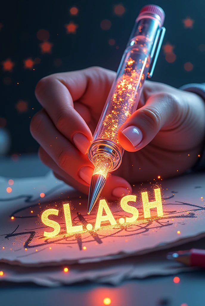 Fascinating, hyper-realistic 16K 3D figure captures a magical moment of pure creativity. Talented artists expertly depict heartfelt messages, "S.L.ASH", In your notebook. The text is composed of Vibrant, Sepia-toned stars with smooth transitions across the spectrum. Artist's Hands, Holding a transparent pen filled with sparkling stars, Exquisitely detailed, Symbolizes limitless creativity and imagination. Background、A three-dimensional sketchbook setting scattered throughout, このFascinating作品に深みと立体感を加える, gameffiti-inspired scene. The figure radiates energy, Movement, and Vibrant colors, A true work of art that celebrates creativity and imagination.., game, Cinematic, Vibrant, gameffiti, Painting, typogamephy, product, figure, photograph, 3D Rendering, fashion, Dark fantasy