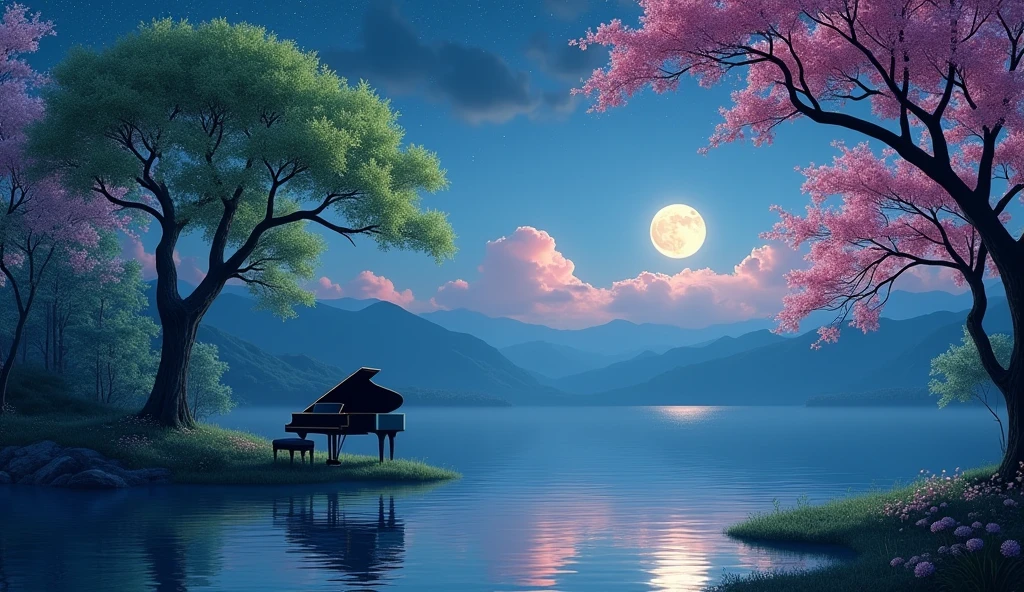 「Under the full moon、The green leaves of the trees are illuminated by the moonlight from both sides.、Scene of flowers blooming on the lake。The full moon and pink clouds are beautifully reflected in the lake.、Mountains in the distance々is seen as a silhouette。The overall scenery has a fantastic and romantic atmosphere.。A black grand piano sits on the island in the middle of the lake, illuminated by the moonlight.
