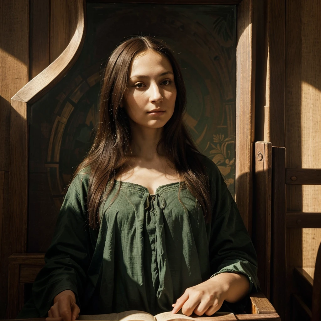 Draw Mona Lisa by painting a picture with Leonardo Da Vinci's portrait. Here is a step by step guide for you:
1. **studio setup:**
- Start by drawing the Renaissance studio, a large space with arched windows. Be sure to add rich tapestries to the walls and bookshelves filled with books and scrolls..
- Sunlight should penetrate gently through the windows, creating an ethereal effect in the scene.
2. **Gioconda:**
- In the center of the scene, draw Gioconda standing in front of a large painting canvas. She must have dark hair falling softly over her shoulders..
- Dress her in a deep green velvet dress, decorated with golden details. The paint palette next to you should have vibrant, subtle colors..
- Capture your expression of concentration and serenity, with his eyes fixed on the portrait he is creating.
3. **Leonardo da Vinci:**
- Draw Leonardo da Vinci sitting in a tall carved wooden chair. He must have a long white beard and an expression of wisdom and tranquility..
- Position him so that he observes Gioconda's work with a contemplative gaze, reflecting pride and patience.
4. **Portrait Details:**
- In the background of the Gioconda painting, show the essence of Leonardo: the details of your eyes, beard and the lines that mark the time lived.
5. **light and shadow balance:**
- Make sure to balance light and shadow to create an atmosphere of respect and collaboration.. Light should highlight important details and create a quiet, reverent environment..