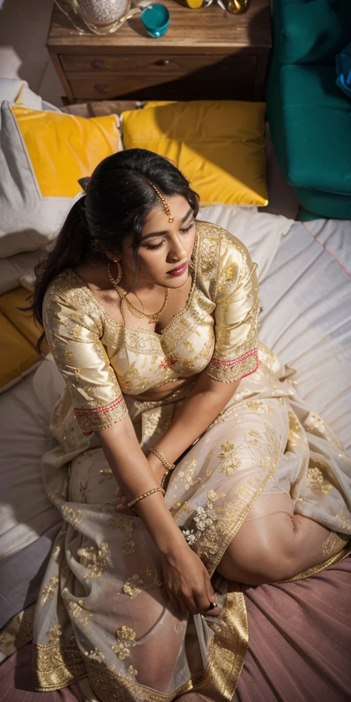 Day scene, full body photo of a plus sized 45 year old indian with a man from top view, (Masterpiece, Best Quality, High Resolution), office Background, (cum Splash on her breasts and nipples, cum Splash on her face, Splash of cum, cum Splash on her blouse, cum Splash on her eys), Sweet 25 year old South indian women sitting on her knees in a crowded party hall with a man, hour glass body red lips, silver colour silky gown, lightly makeup,ultra realistic, realistic, look at viewer (cinematic:1.3), intricate details,