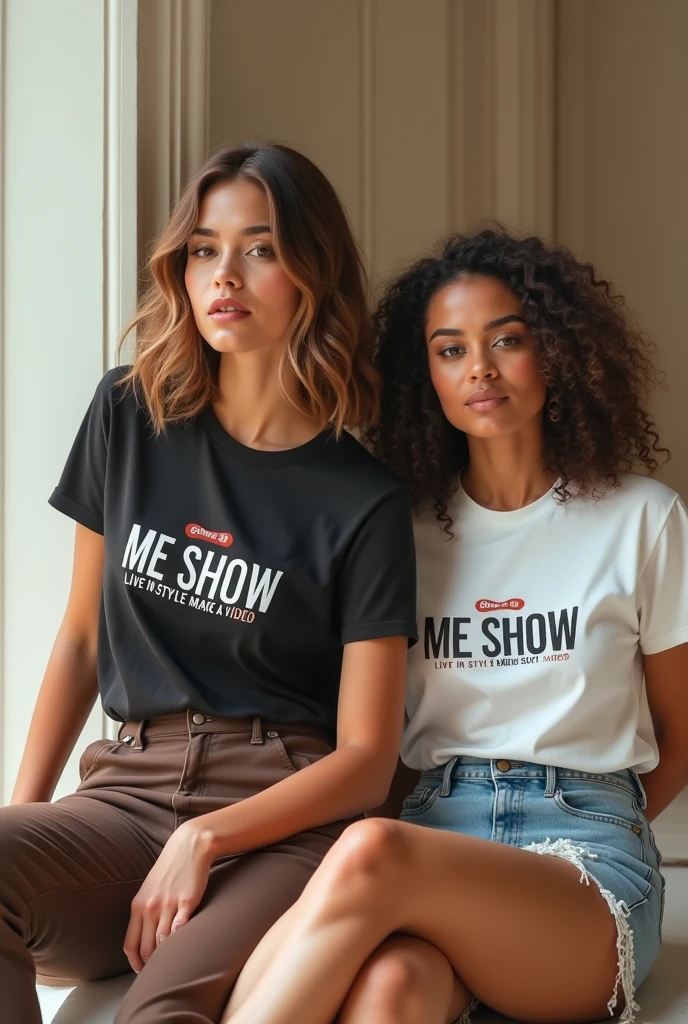 Beautiful women wearing t-shirt  brand name ME SHOW TAG LINE LIVE IN STYLE MAKE A VIDEO