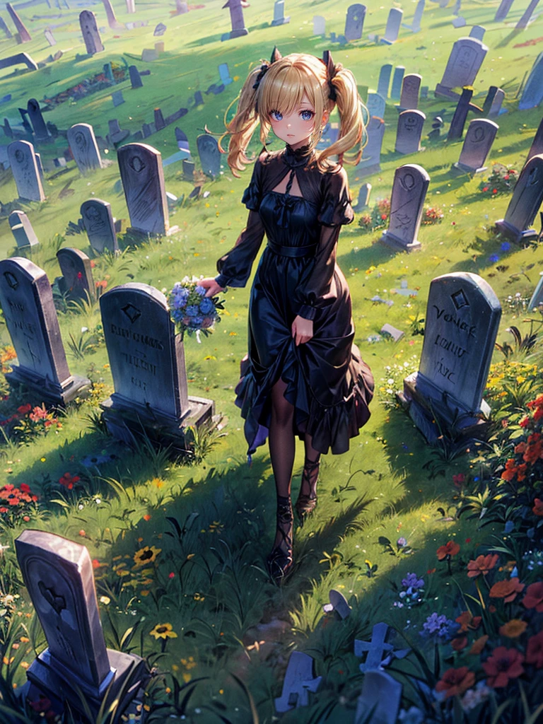 masterpiece,(bestquality),highlydetailed,ultra-detailed,1girl,(golden,glowingeyes:Blue,:1.2,elongatedears:0.8),(Black dress),(Gravestones on a hill in a vast grassland:1.5),(💐💐bouquet:1.5)(Grave)(panorama:1.2)(Blonde twin tails:1.5)(Walking with one's back to the grave)