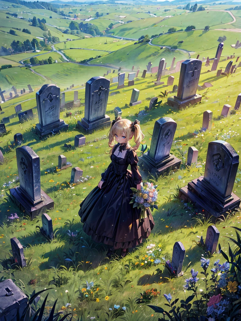 masterpiece,(bestquality),highlydetailed,ultra-detailed,1girl,(golden,glowingeyes:Blue,:1.2,elongatedears:0.8),(Black dress),(Gravestones on a hill in a vast grassland:1.5),（💐💐bouquet:1.5）（Grave）(panorama:1.2)（Blonde twin tails:1.5）（Walking with one&#39;s back to the grave）