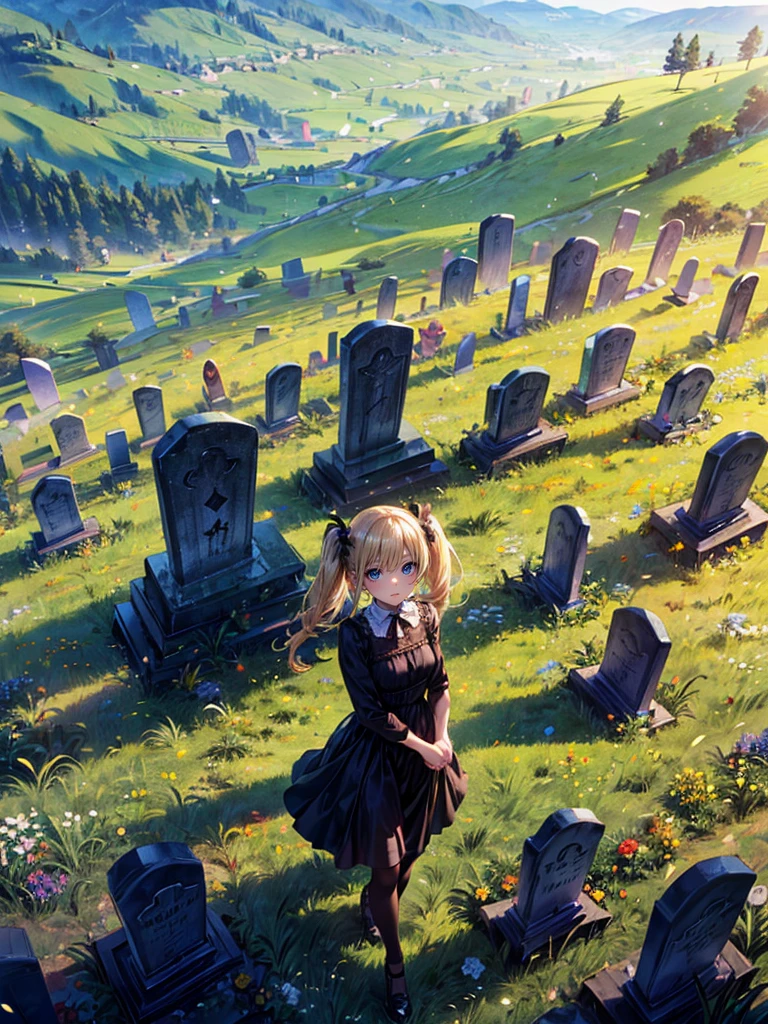 masterpiece,(bestquality),highlydetailed,ultra-detailed,1girl,(golden,glowingeyes:Blue,:1.2,elongatedears:0.8),(Black dress),(Gravestones on a hill in a vast grassland:1.5),（💐💐bouquet:1.5）（Grave）(panorama:1.2)（Blonde twin tails:1.5）（Walking with one&#39;s back to the grave）