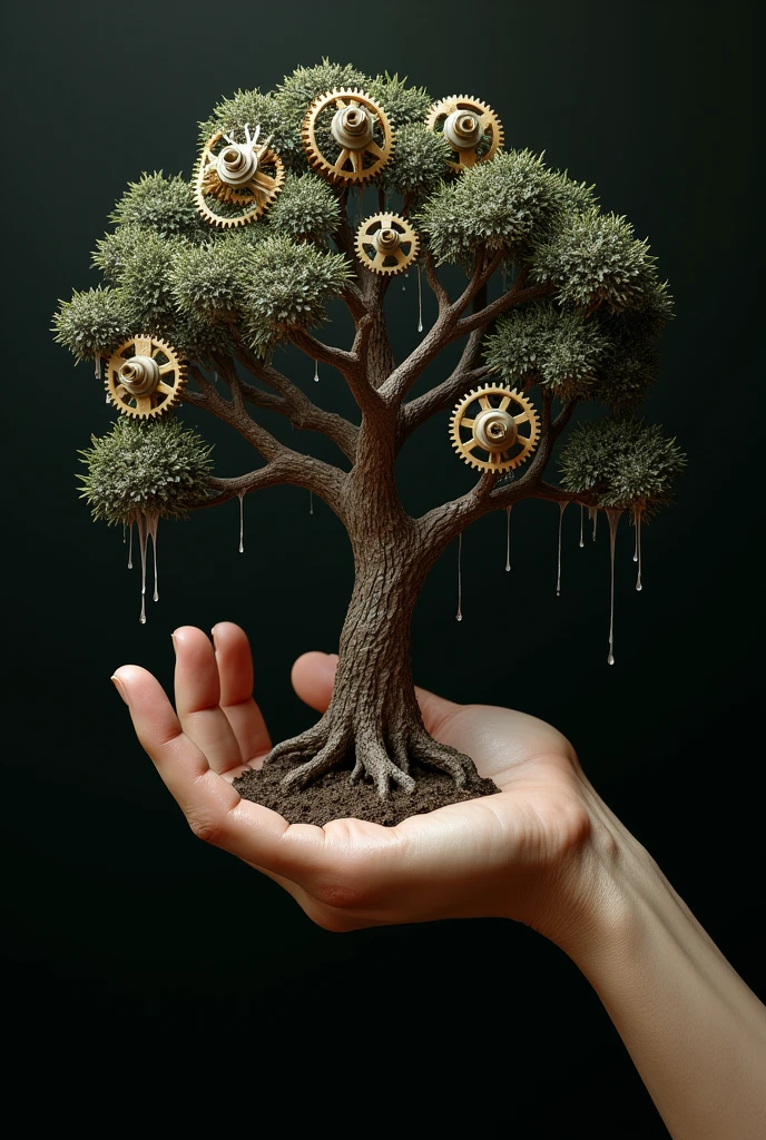 A hand holding a tree with gears and oil drops