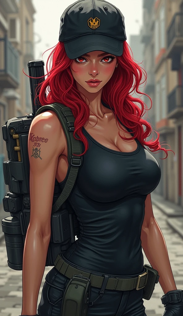 HIGHLY DETAILED, 16K HI-RES, insanely detailed image, cinematic, best quality, masterpiece, realistic, detailed face, detailed background, dramatic lighting, 2D anime style art, sketch reinforcement, pencil drawing, intensify pencil strokes, super-fine, RED hair is carefully described, eyes are carefully depicted
1 female, solo, huge, breast, woman light brown skin, sharp detailed skin, skin pores, with holster, black clothes, tactical holster, military uniform, military gear, guns and ammo, bulletproof vest, female special operator, backpack and wearing baseball cap, shooting angry in the streets alley
