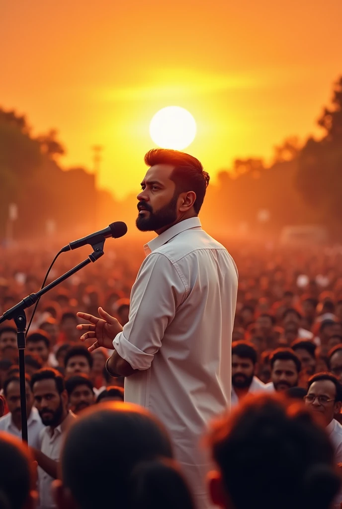 A  man in centre  with a short  beard and dair hair, wearing a white shirt,front view face straight towards camera of the person standing and speech in mike in the middle of an sun set with a crowd of tamilnadu people are encouraging and surrounded  in the background front view,poster design, glowing backround golden 